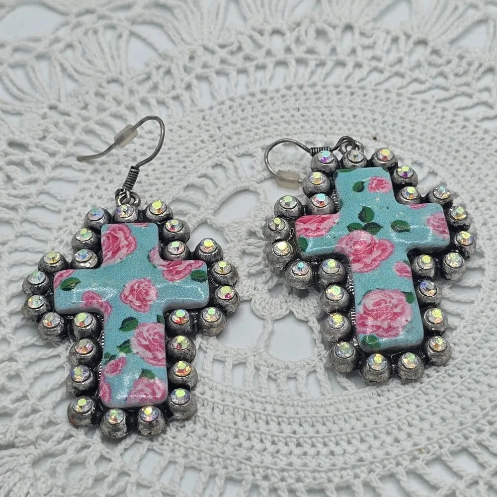 Blue Enamel Rose Floral Cross Earrings Rhinestones Silver tone Dangle 2